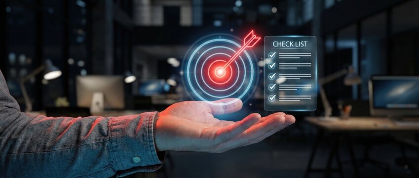 Digital targeting strategy implementation modern office space infographic display professional environment close-up perspective productivity enhancement