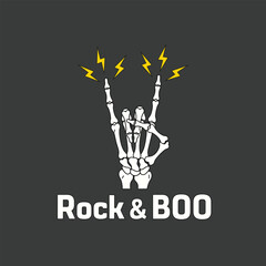Obraz premium Rock & Boo skeleton hand horns gesture with lightning, rock music halloween t-shirt design