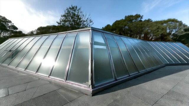 Angular glass structure with reflective windows, set against a blue sky and trees