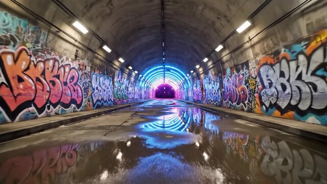 Colorful graffiti tunnel with neon light arch and wet ground