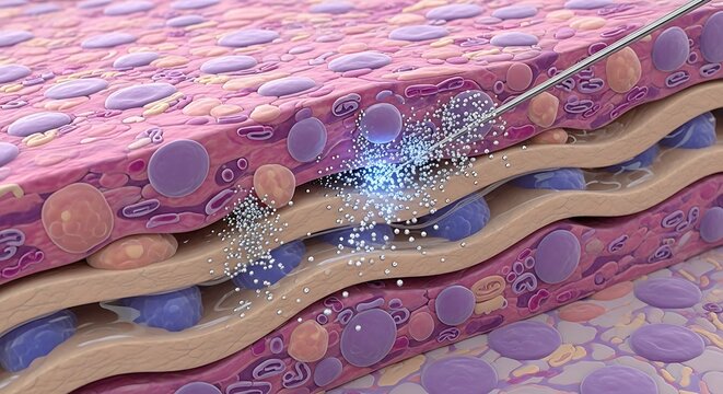 Medical illustration of skin layers and injection.