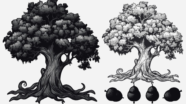 Two monochrome trees with gnarled roots and stylized acorns on a neutral background