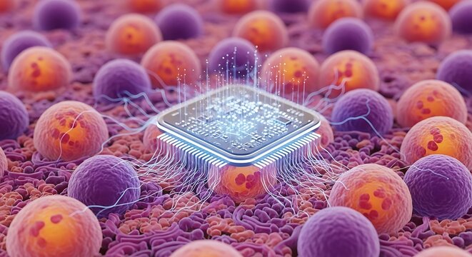 Microchip technology with purple and orange spheres.