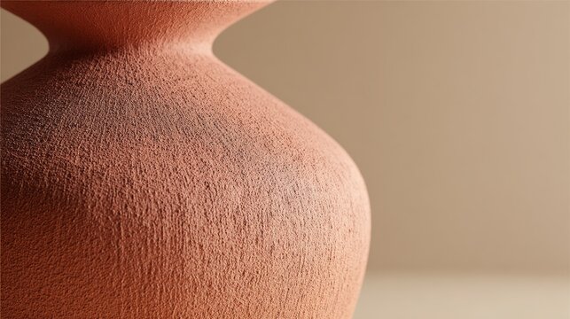 Minimal 3D render of sculptural vessel in terracotta brown, matte texture, placed against warm faded beige background, refined luxury atmosphere with copy space. Modern ceramic course.