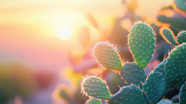 Beautiful opuntia cactus pads glow in the warm light of the setting sun in a dreamy desert landscape, creating a serene and natural aesthetic scene outdoor.