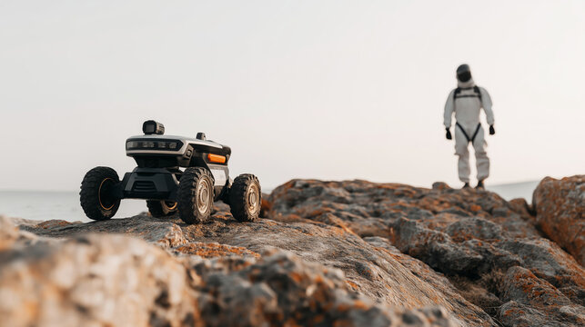 Robotic rover moving on rugged terrain, autonomous vehicle working in harsh environment with safety personnel nearby