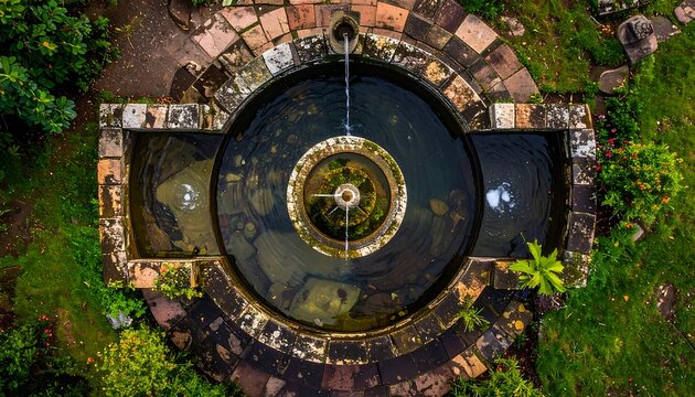 Top-down view of a stone fountain in a garden