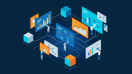 Fototapeta premium Isometric Data Analysis and Visualization with Interconnected Screens.