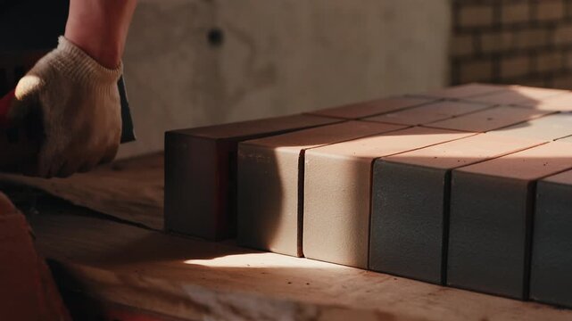 Worker moving stack of solid bricks on workbench at construction site