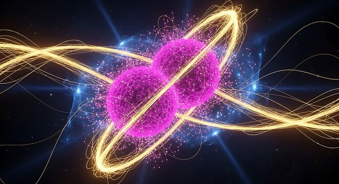 Abstract visualization of atomic nucleus with orbiting particles and energy trails representing quantum physics and scientific research