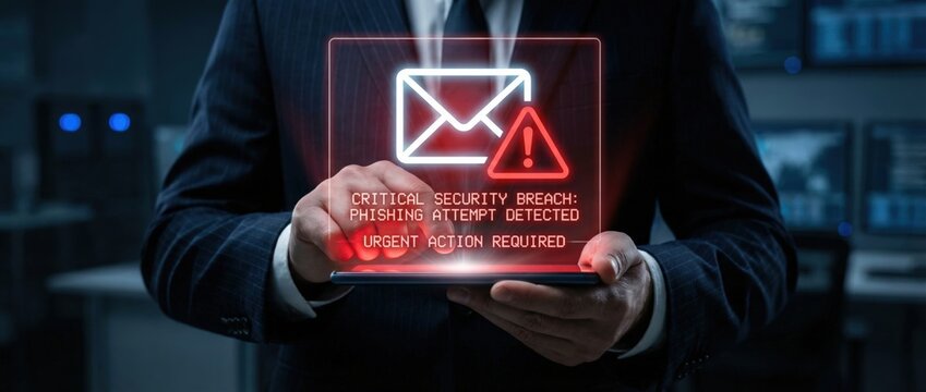 Urgent security alert phishing attack detected on email systems corporate office digital notification high-risk environment close-up view cybersecurity awareness