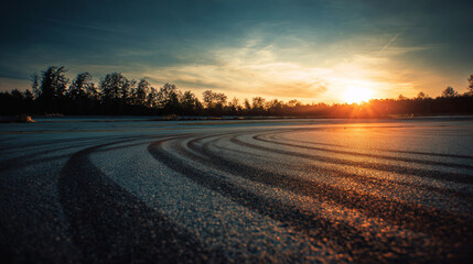 Naklejka premium Asphalt surface with tire skid marks and sun flare during a golden sunset, silhouetted trees on horizon