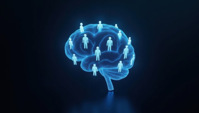 Figuras luminosas que forman una red con forma de cerebro, representando la inteligencia colectiva y las comunidades en l&iacute;nea