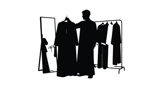 Silhouette of a Man Choosing Traditional Middle Eastern Thobe or Abaya for Eid and Ramadan Celebration