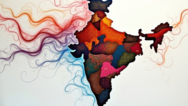 Mapa de la India construido a partir de patrones textiles y telas fluidas, colores vibrantes, hilos de tejido que forman rutas comerciales