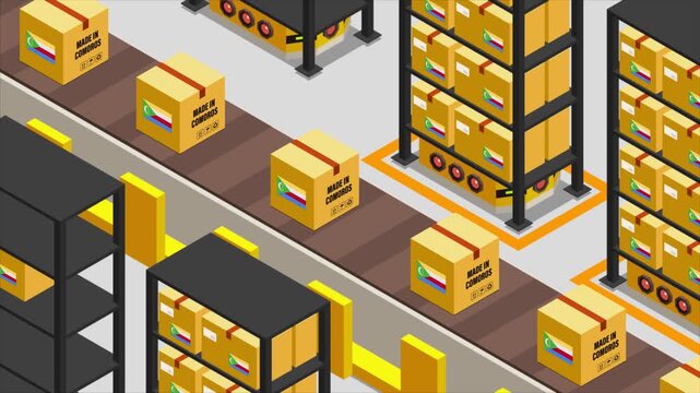 Smart Automated Warehouse System with Flag of COMOROS, Modern Industrial Logistics and Supply Chain Animation