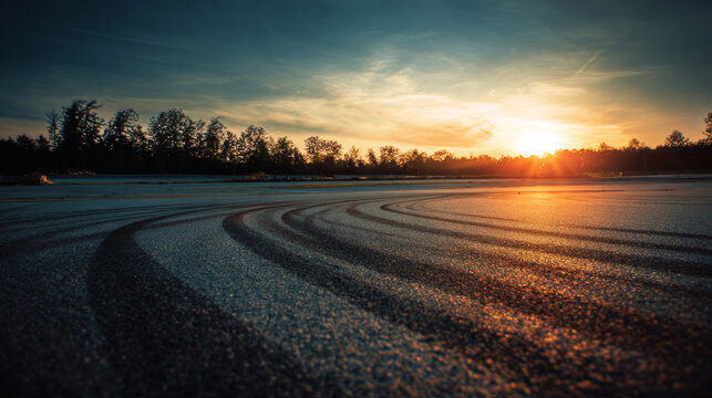 Asphalt surface with tire skid marks and sun flare during a golden sunset, silhouetted trees on horizon