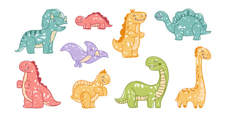 Cute jurassic dinosaurs set, isolated smiling extinct reptiles. Vector kiddish prehistorical dino draws. Strgozaurus and pelosaurus, triceratops and ankylosaurus, tyrannosaurus and pterodactylus © Sensvector