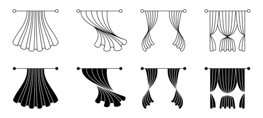 Line art and silhouette icons of window covers. Vector isolated set of open curtains flowing in wind. Fabric texture and airy style. Home and office interiors. Stylish and modern decor © Sensvector