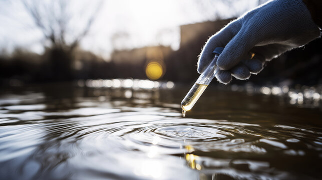 Scientist hand with protective glove sampling river water in test tube, investigating environmental contamination and hydrology