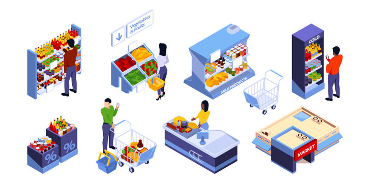 Small market with isolated shopping blocks. Vector isometric buyers with baskets and carts choosing products and paying at checkout. Retail buying process at grocery store. People daily routine