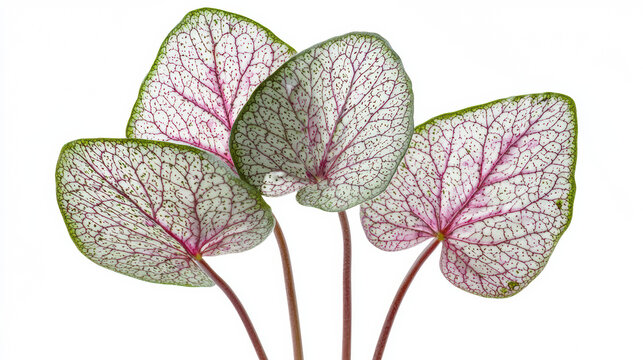 Four caladium leaves with delicate white veins and a touch of pink radiate from their stems against a clean white background, showcasing nature's intricate design.