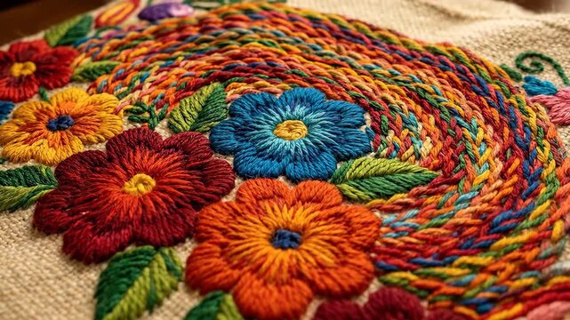 Mexican embroidery with colorful floral patterns on linen fabric. Traditional folk art craft needlework for Cinco de Mayo celebration. Decorative textile design.