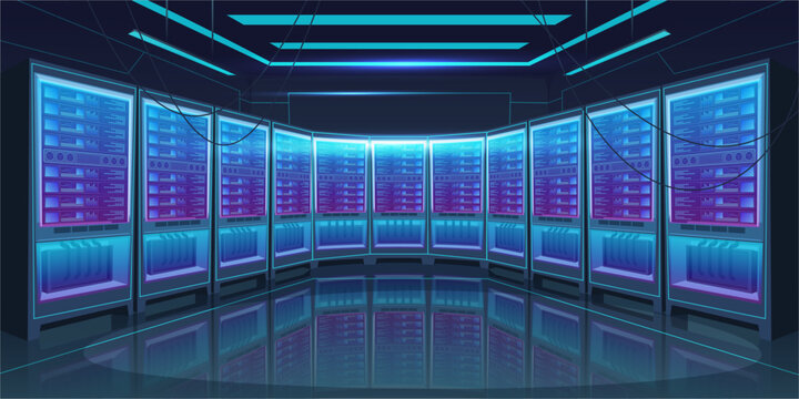 Server room in data center. Vector cartoon interior design with full wall of servers with hanging cables above. Technology, network infrastructure and data storage. Electronic equipment for IT