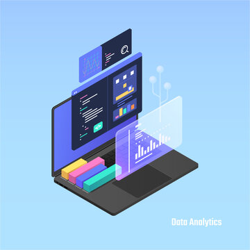 Data analytics representation. Vector laptop with charts and graphs, dashboards and numerical indicators. Dataset flow, processing algorithms and metrics. Financial analysis and AI driven decision