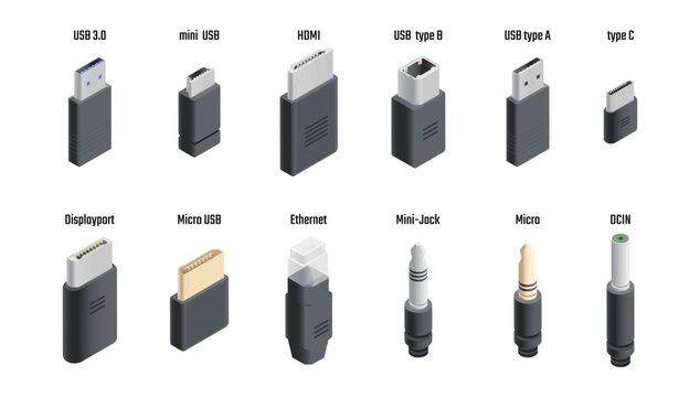 Isometric ports and cables set. Vector isolated plugs of USB and DCIM, mini and HDMI, DisplayPort and Micro, ethernet and minijack connectors. Electronic interface, device connection and data transfer