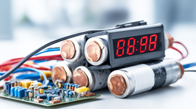 Time bomb device with digital timer counting down, wires connected to an electronic circuit board, showing imminent danger and threat