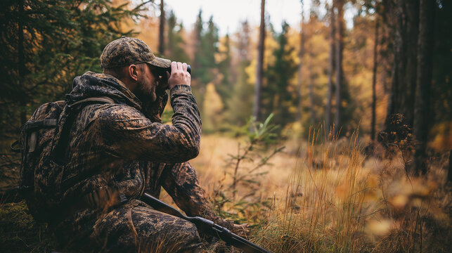 Hunter in camouflage observing autumn forest with binoculars, rifle close for wildlife tracking and seeking