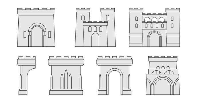 Architectural icons set. Vector isolated medieval gatehouses, towers and fortress walls with arched doors in monochrome line style. Interface design, world maps and fantasy digital art elements