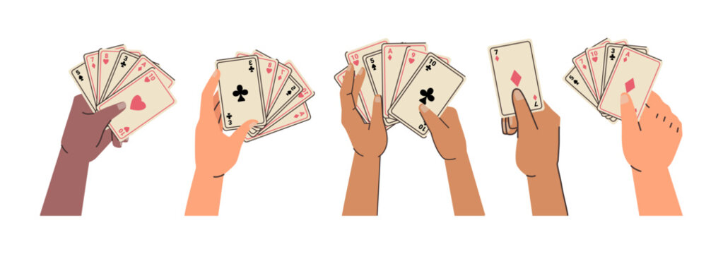 Hands holding aces and number cards combinations, isolated arms with open playing decks. Vector gambling. Poker and bridge, uno and blackjack. Casino or party games. Having fun and leisure