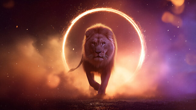 Lion walking through a glowing ring of fire, powerful predator emerging from smoke and light