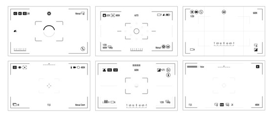 Fototapeta premium Camera UI screen layout icons. Vector interface elements set. Focus frames, settings grids and control panels. Photography apps and tech presentations, UI design projects and instruction manuals