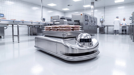 Obraz premium Autonomous stainless steel robot delivering packaged food in automated food processing factory