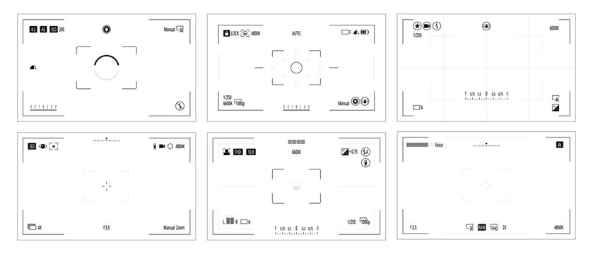 Camera UI screen layout icons. Vector interface elements set. Focus frames, settings grids and control panels. Photography apps and tech presentations, UI design projects and instruction manuals