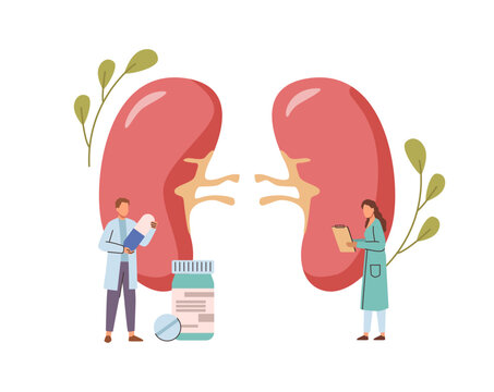 Kidney examination. Vector little doctors standing near to big organ with pills and making notes. Assessing renal organ function and detect diseases such as infections, stones or chronic illnesses