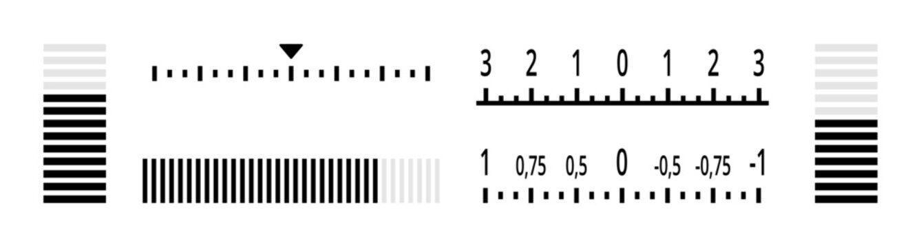 Camera interface elements, set of exposure scale bars. Vector shutter steps and metering progress indicators. Numeric tick marks. App UI design, educational charts or technical exposure balancing
