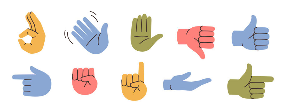Hand gestures, modern palm doodles. Vector isolated set of gesturing arms. Okay and stop, thumb up and down, like or dislike, ask give or take, pointing and showing finger, destination sign