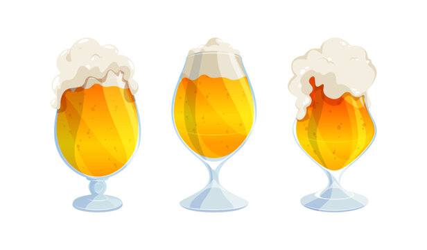 Shiny beer glasses set with foam crown. Vector isolated cartoon mugs with golden alcoholic drink. Different shaped tankards with foamy lager. Oktoberfest posters or alcohol product presentations