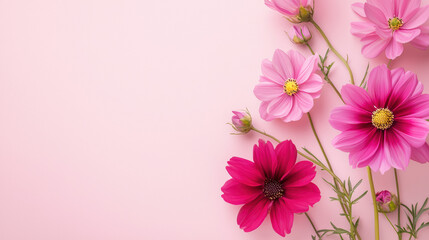 Fototapeta premium Delicate pink and fuchsia cosmos flowers with vibrant yellow centers are beautifully arranged against a soft pastel pink background creating a calming nature scene.
