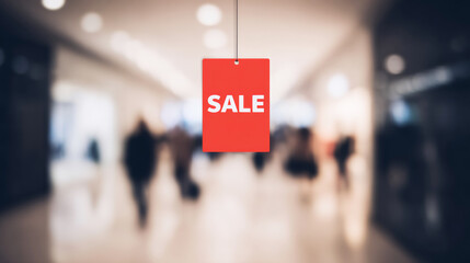 Fototapeta premium Sale concept with a hanging red discount sign, shopping mall corridor background, blurred shoppers passing by