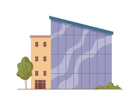 Modern bank exterior design. Vector isolated community structure with panoramic windows and entrances for visitors. Building facade architecture with tree and bush. City and town infrastructure