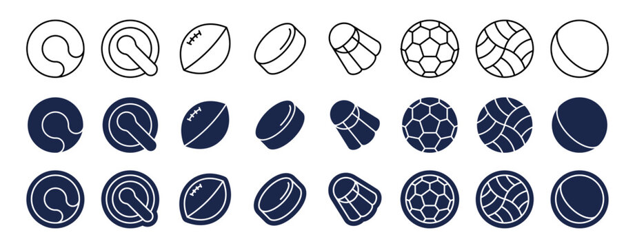 Sports ball icons in different shapes and styles. Vector collection of footballs and golfs, tennis and billiards, hockey and basketballs. Leisure and activities, sportive events and competition