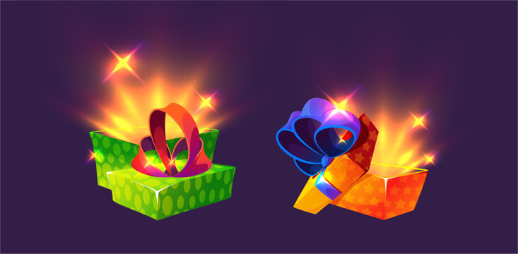 Open gift boxes emitting sparkling magical light and floating stars. Vector isometric bright packages with bows. Joy, celebration and surprise. Festive projects icon and digital artwork