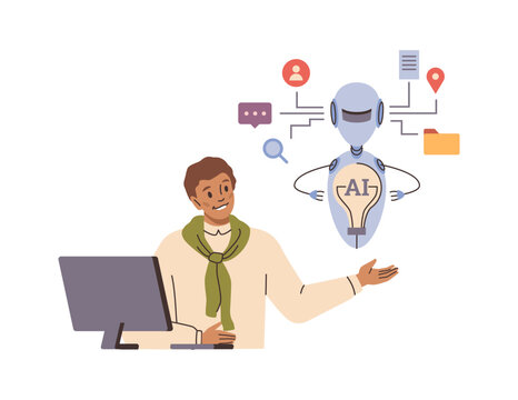 Employee on working place representing chat bot. Vector man interacting with artificial intelligence. AI servers and robots technology with neural network. Modern equipment and innovations