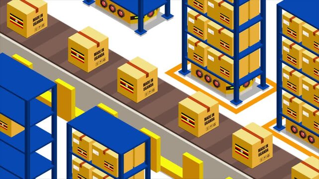 Smart Automated Warehouse System with Flag of UGANDA, Modern Industrial Logistics and Supply Chain Animation
