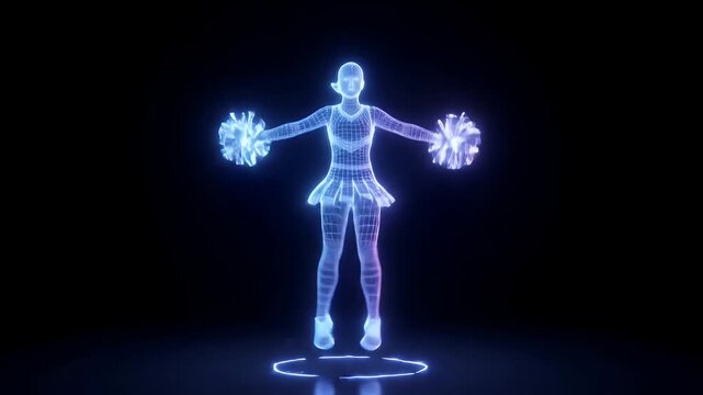 This video shows a digital futuristic wireframe of a cheerleader silhouette. The figure is in a dancing pose with pom-poms, set against a dark background with a reflective surface.
